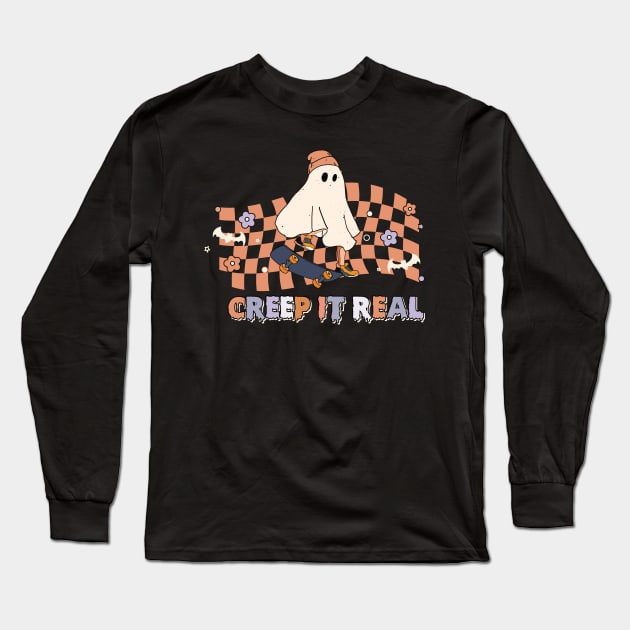 Creep it Real Cool Ghost on Skateboard Long Sleeve T-Shirt by Teewyld